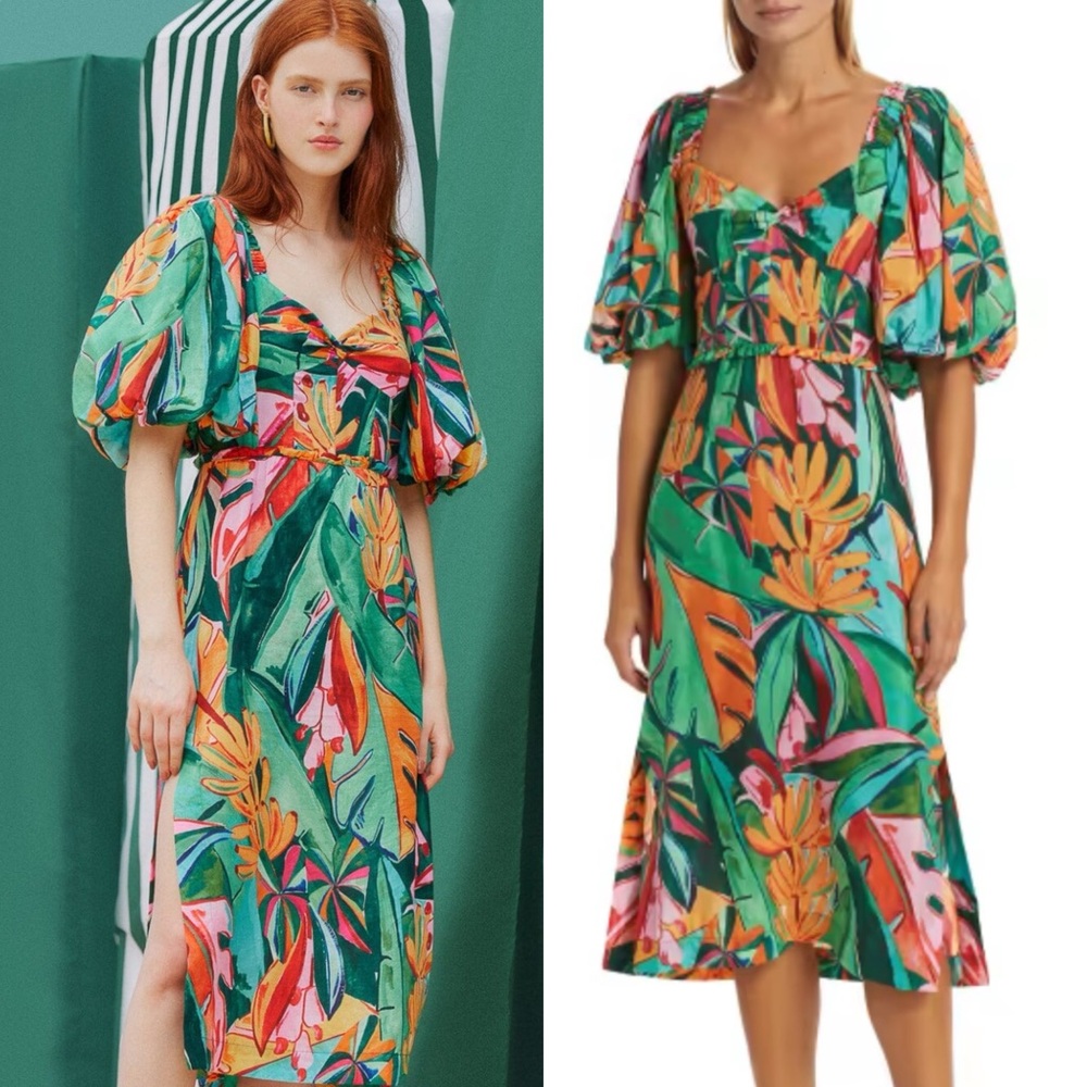 Farm Rio Midi vacation puff sleeve foliage dress RETAIL 450 - Picture 2 of 6